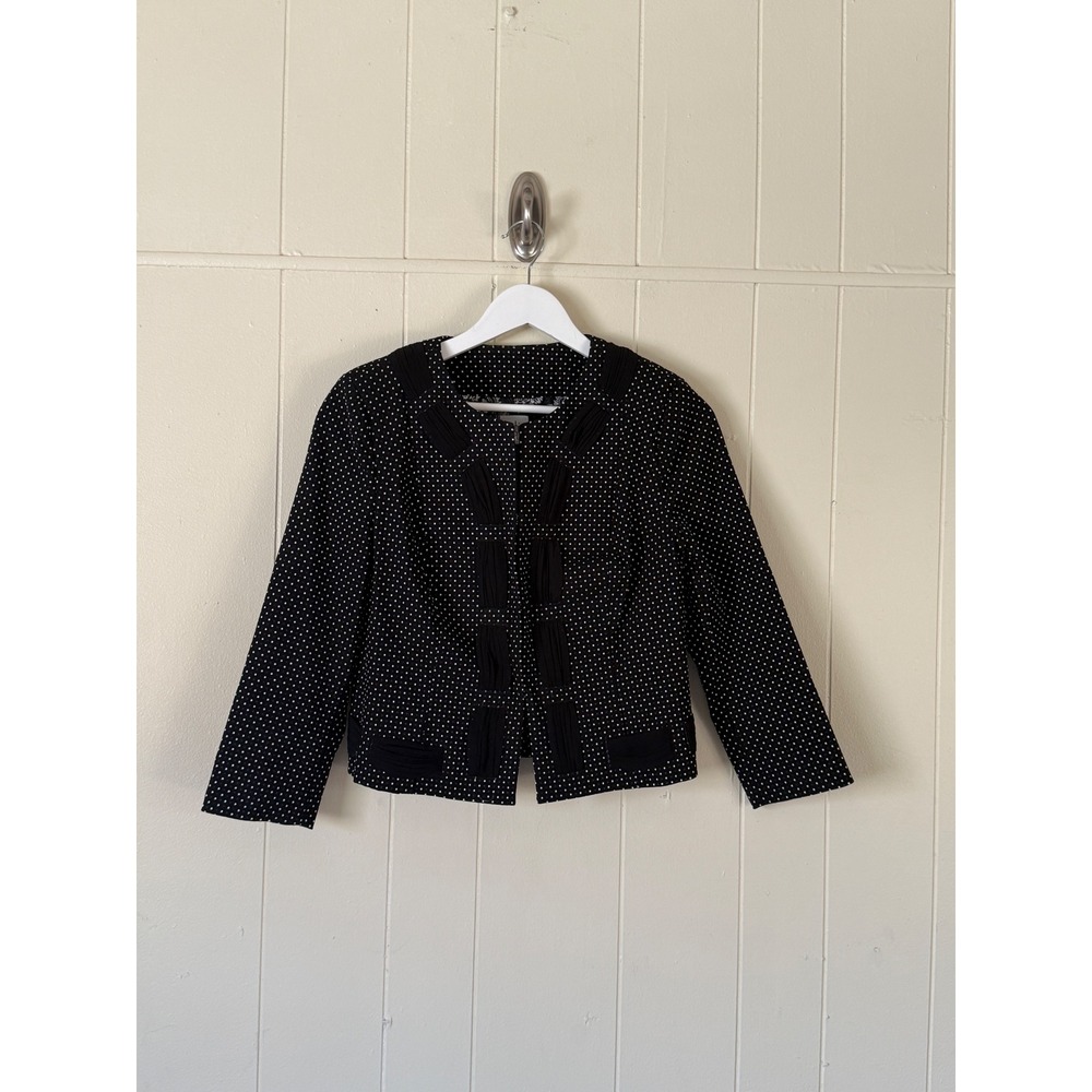 Cabi 5156 Womens Black White Polka Dot Pleated Trim Cropped Blazer Jacket Size 4